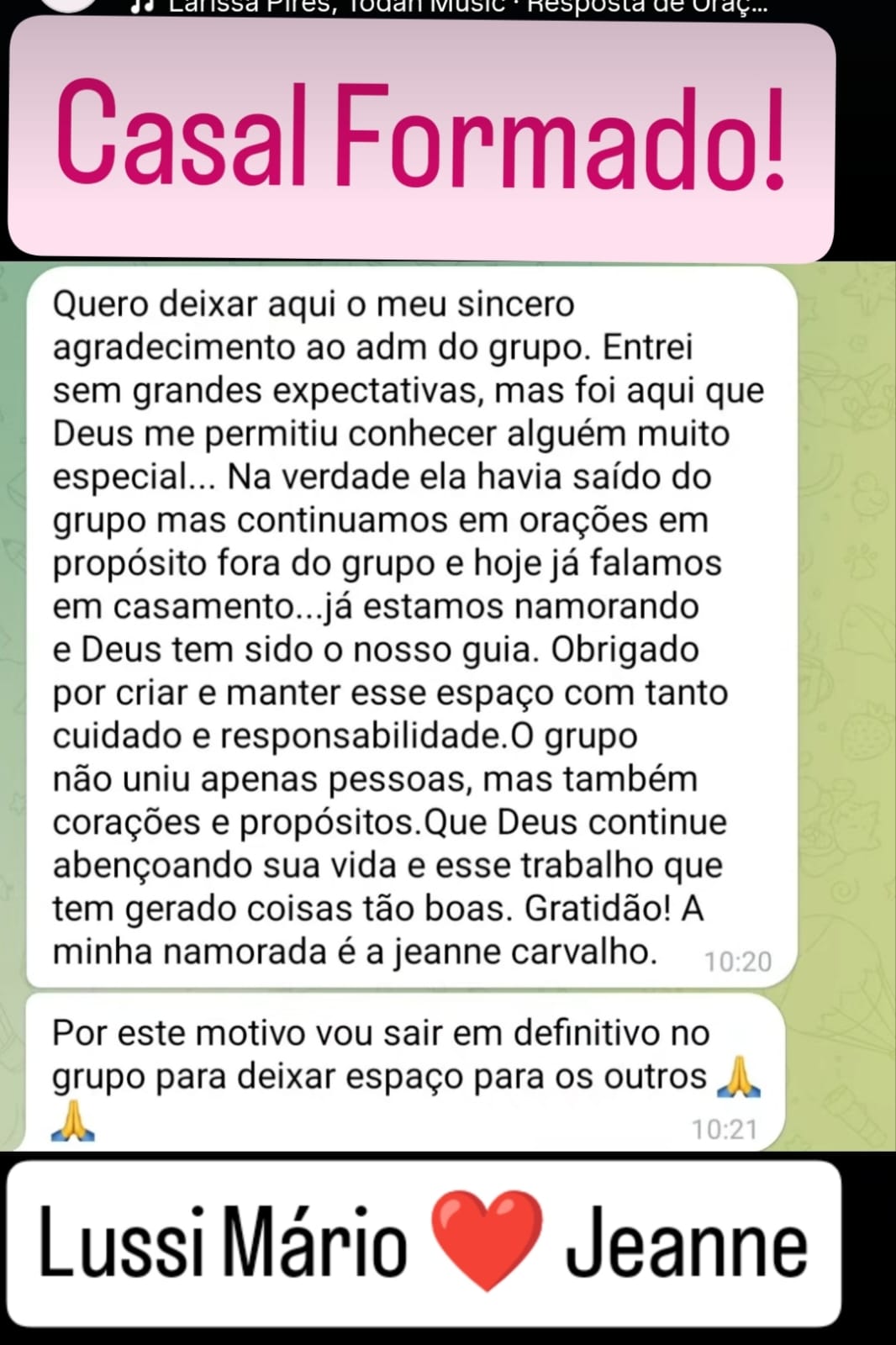 Casal formado: Lussi Mário e Jeanne — depoimento real da comunidade